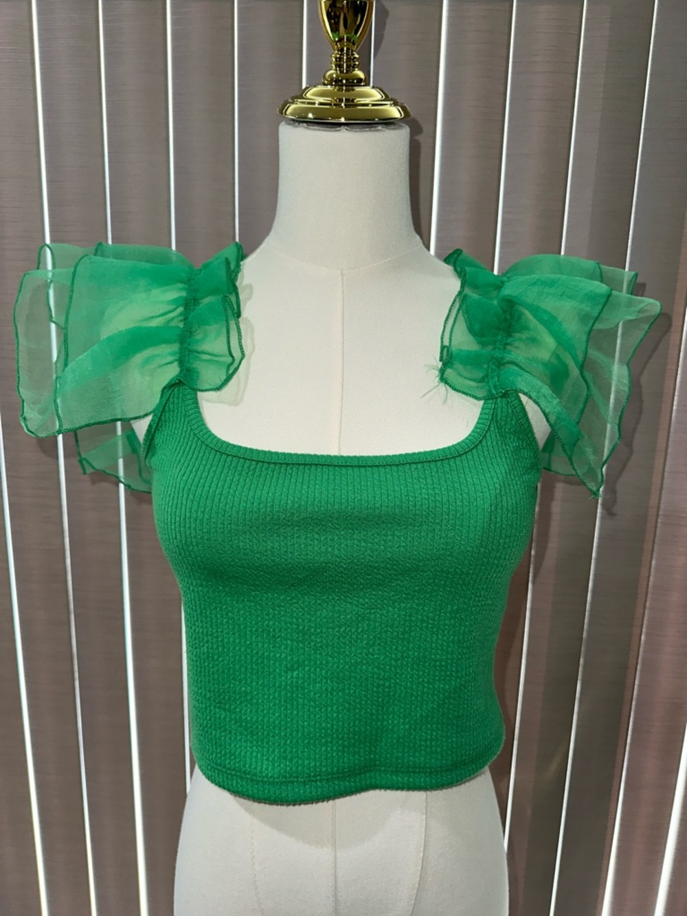 Emerald Organza Ruffle Strap Knit Tank - Women